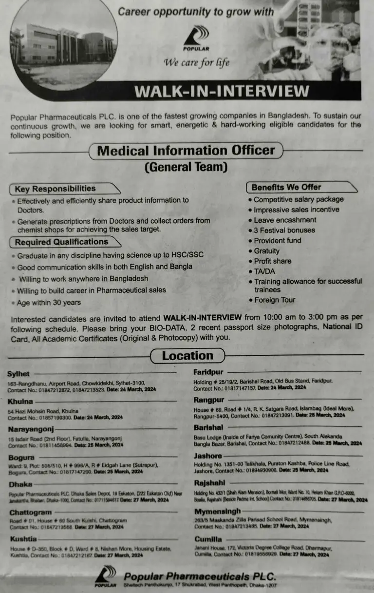 Popular Pharmaceuticals PLC – Walk-in Interview for Medical Information Officer
